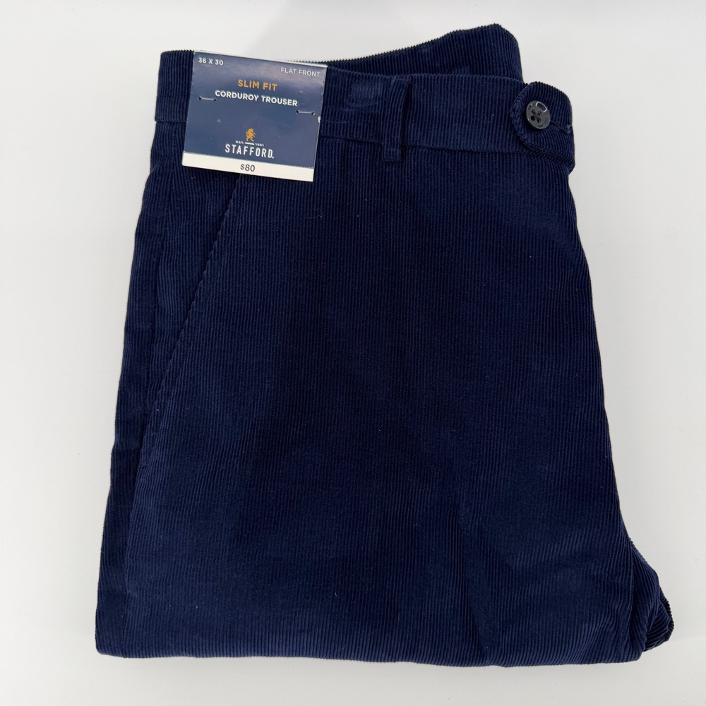 Stafford Mens Slim Fit Corduroy Trousers Navy Blue 36x30 Flat Front Chinos